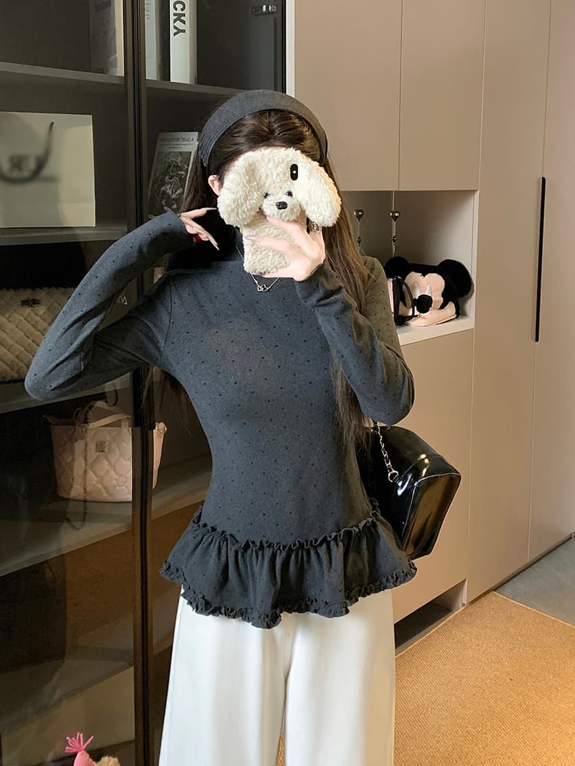 실사 한 부서 몸매 가꾸기 슬림해 보이는 다용도 도트 무늬 프릴 기본 셔츠 긴팔 맨위 여성 상세 이미지 9