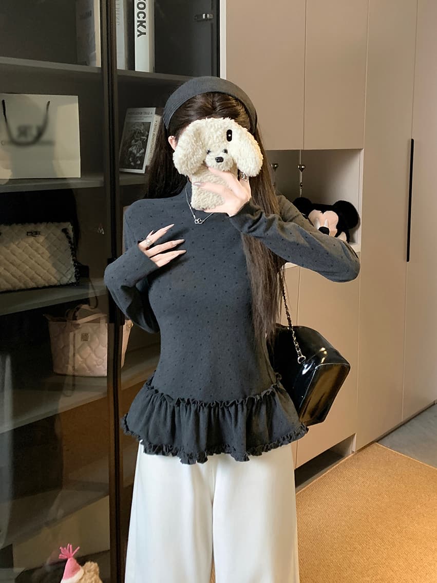 실사 한 부서 몸매 가꾸기 슬림해 보이는 다용도 도트 무늬 프릴 기본 셔츠 긴팔 맨위 여성 상세 이미지 10