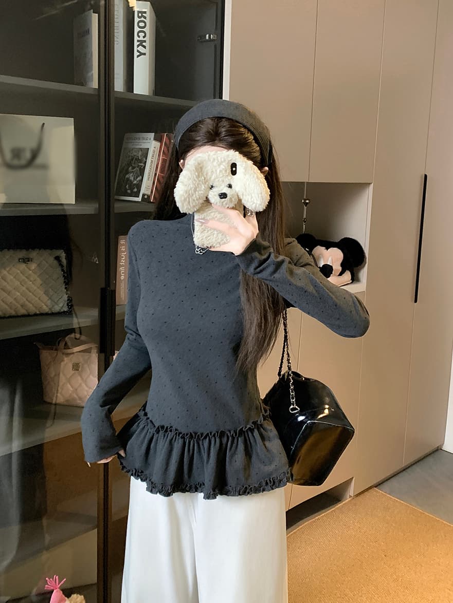 실사 한 부서 몸매 가꾸기 슬림해 보이는 다용도 도트 무늬 프릴 기본 셔츠 긴팔 맨위 여성 상세 이미지 12