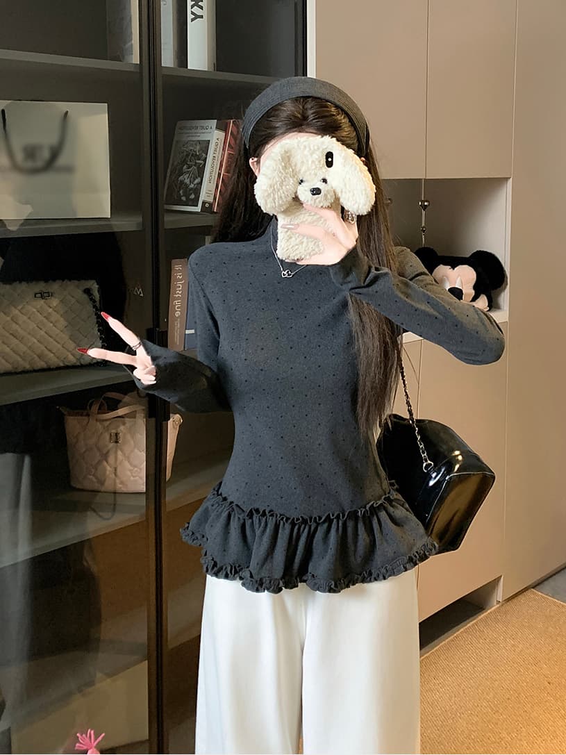 실사 한 부서 몸매 가꾸기 슬림해 보이는 다용도 도트 무늬 프릴 기본 셔츠 긴팔 맨위 여성 상세 이미지 13