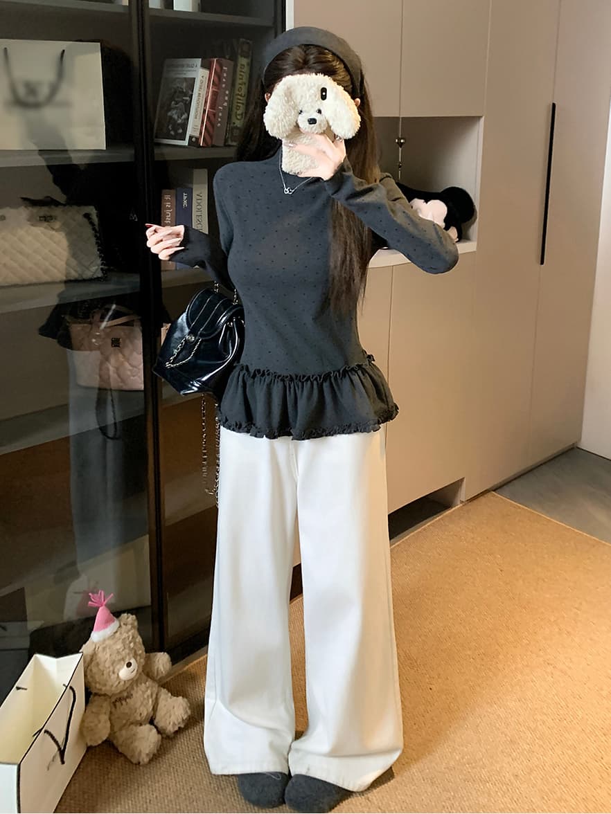 실사 한 부서 몸매 가꾸기 슬림해 보이는 다용도 도트 무늬 프릴 기본 셔츠 긴팔 맨위 여성 상세 이미지 17