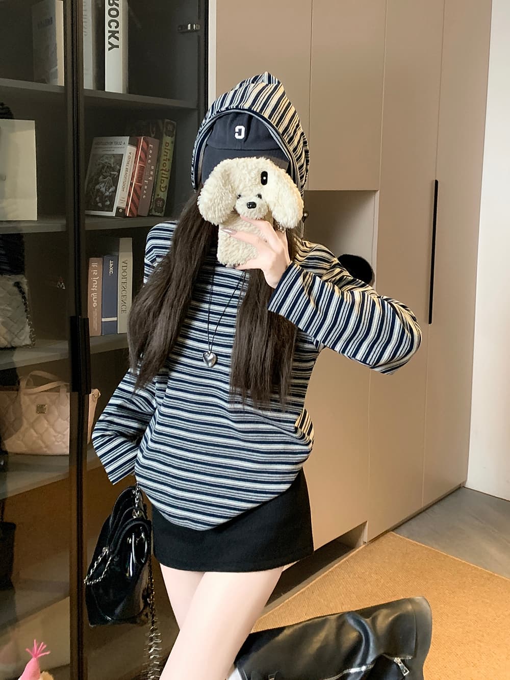 실사 느긋한 스트라이프 후드 풀오버 스웨트셔츠 일본식 루즈핏 캐주얼 맨위 봄 다용도 티셔츠 모자 셔츠 상세 이미지 1