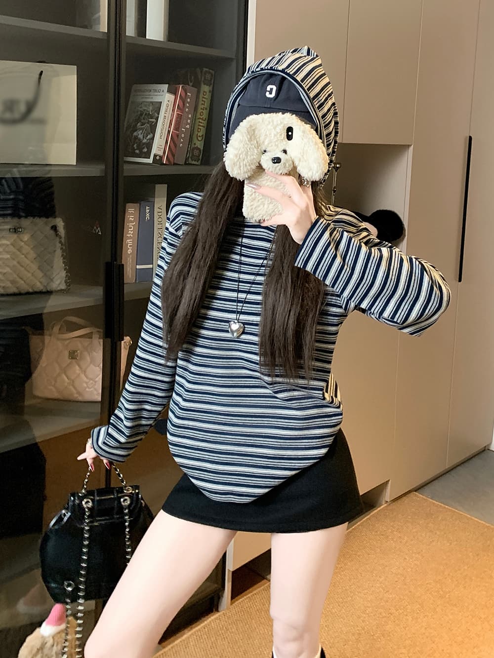 실사 느긋한 스트라이프 후드 풀오버 스웨트셔츠 일본식 루즈핏 캐주얼 맨위 봄 다용도 티셔츠 모자 셔츠 상세 이미지 2