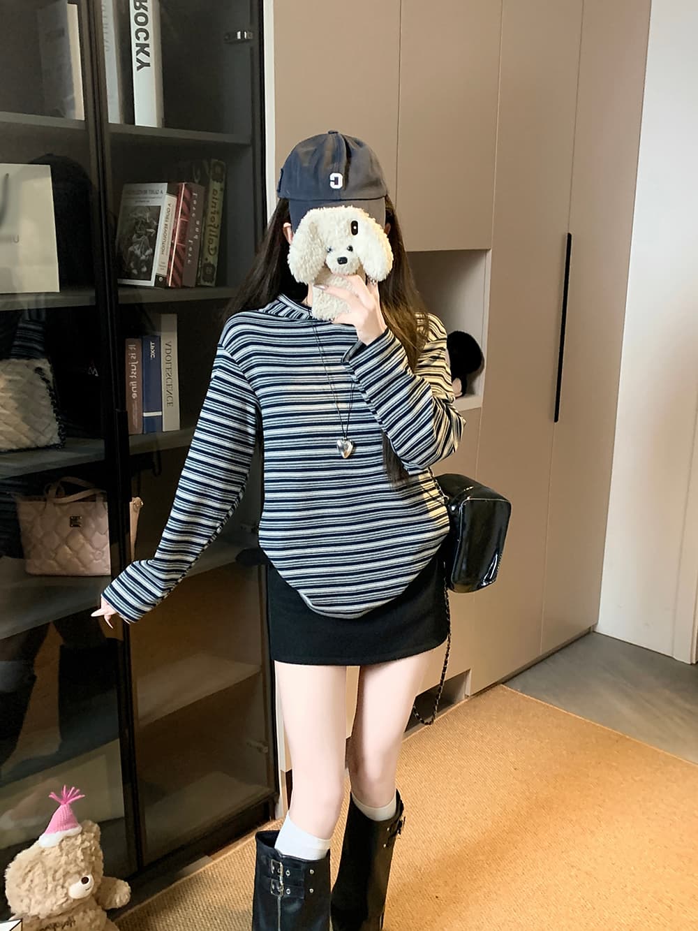 실사 느긋한 스트라이프 후드 풀오버 스웨트셔츠 일본식 루즈핏 캐주얼 맨위 봄 다용도 티셔츠 모자 셔츠 상세 이미지 5