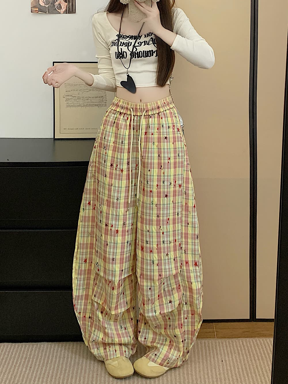 실사 별 바지 여름 체크무늬 스트레이트 팬츠 여성 도루 센스 느긋한 캐주얼 와이드 레그 팬츠 ins 긴 바지 이미지 2