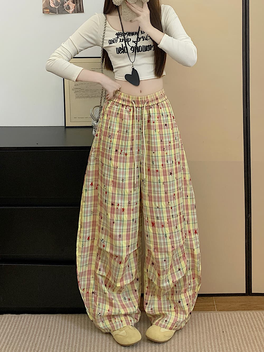 실사 별 바지 여름 체크무늬 스트레이트 팬츠 여성 도루 센스 느긋한 캐주얼 와이드 레그 팬츠 ins 긴 바지 상세 이미지 1