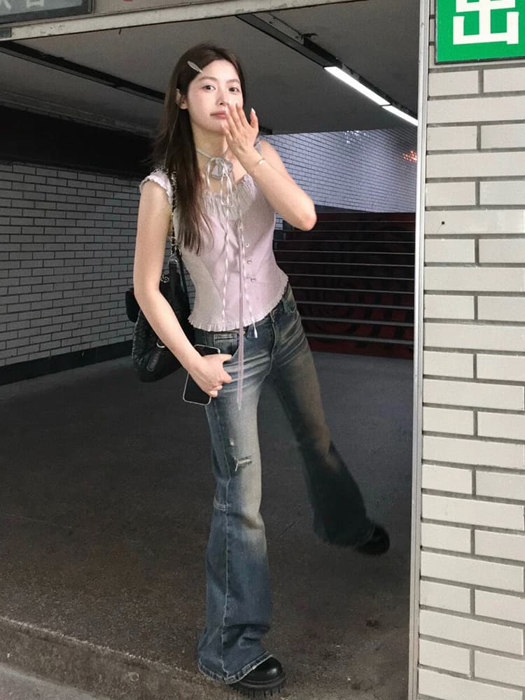 재고 있음 실사 보라색 민소매 맨위 달콤함 핫걸 여성 여름 디자인 센스 프릴 몸매 가꾸기 작은 맨위 이미지 2
