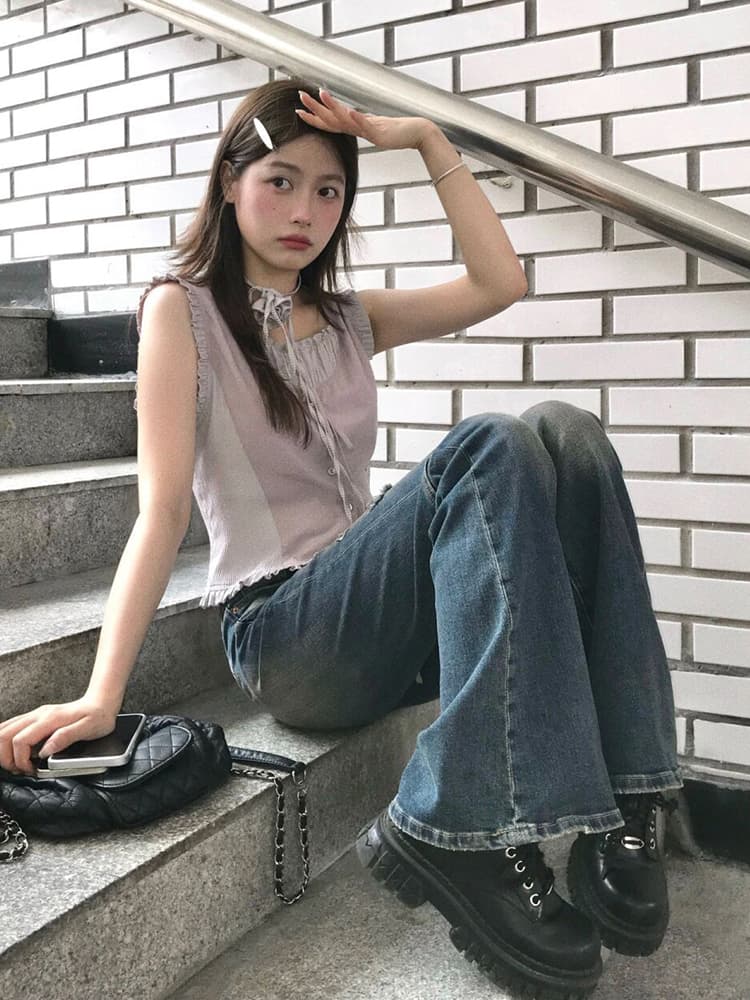 재고 있음 실사 보라색 민소매 맨위 달콤함 핫걸 여성 여름 디자인 센스 프릴 몸매 가꾸기 작은 맨위 이미지 3