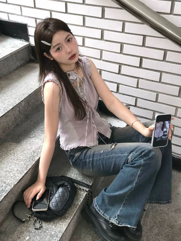 재고 있음 실사 보라색 민소매 맨위 달콤함 핫걸 여성 여름 디자인 센스 프릴 몸매 가꾸기 작은 맨위 이미지 4