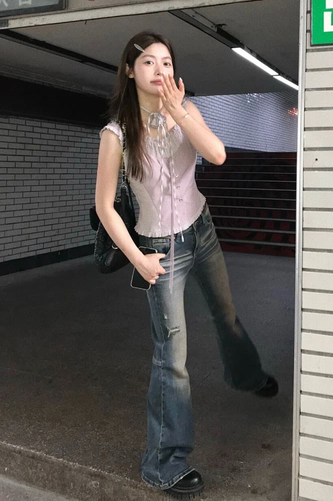 재고 있음 실사 보라색 민소매 맨위 달콤함 핫걸 여성 여름 디자인 센스 프릴 몸매 가꾸기 작은 맨위 이미지 6