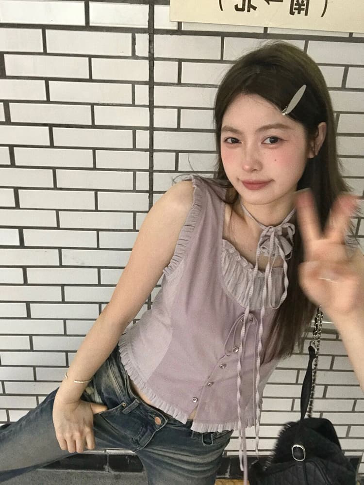 재고 있음 실사 보라색 민소매 맨위 달콤함 핫걸 여성 여름 디자인 센스 프릴 몸매 가꾸기 작은 맨위 상세 이미지 1