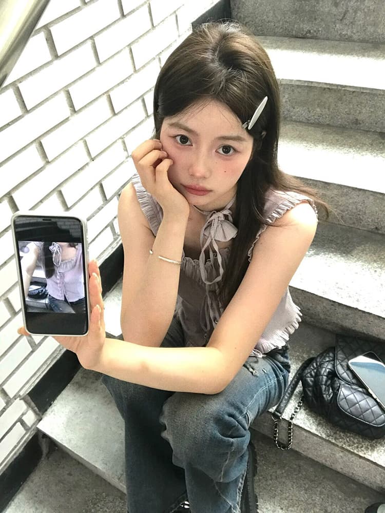 재고 있음 실사 보라색 민소매 맨위 달콤함 핫걸 여성 여름 디자인 센스 프릴 몸매 가꾸기 작은 맨위 상세 이미지 4