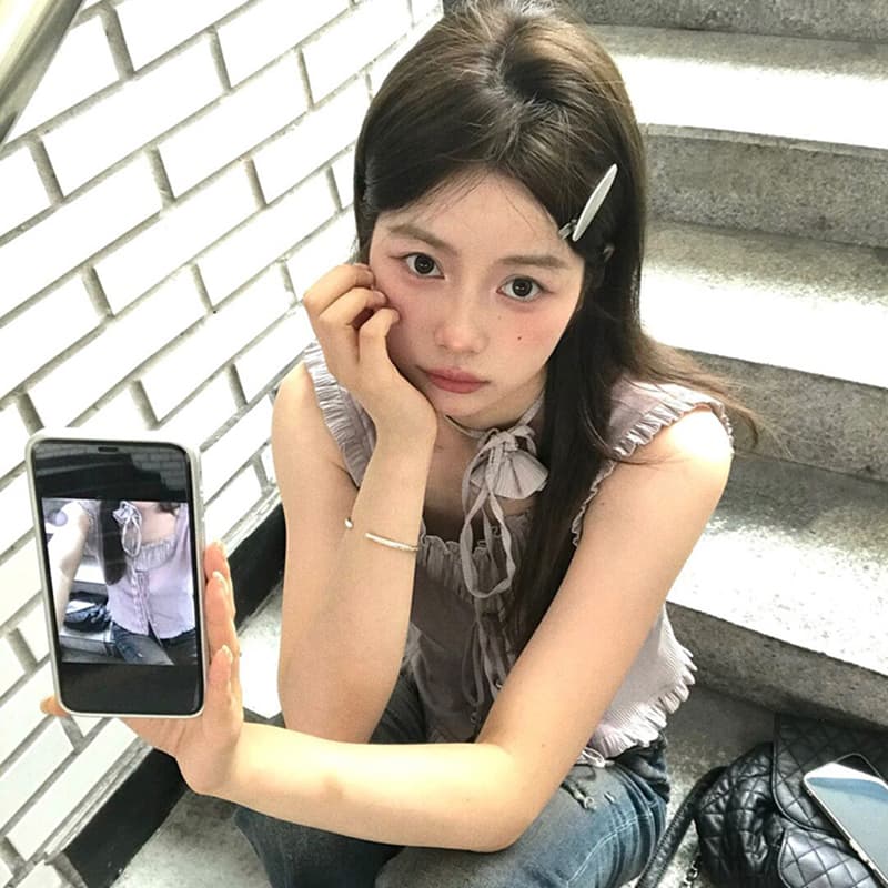 재고 있음 실사 보라색 민소매 맨위 달콤함 핫걸 여성 여름 디자인 센스 프릴 몸매 가꾸기 작은 맨위 이미지 5