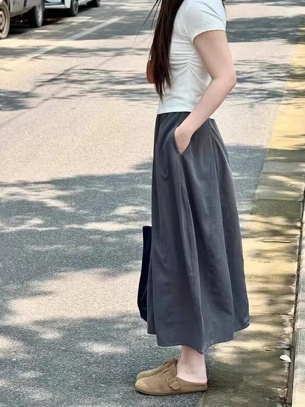 얕은 카키 호박 치마 여름 얇은 스타일 워크웨어 반신 스커트 빅 사이즈 지방 mm 슬림해 보이는 랜턴 치마 이미지 4
