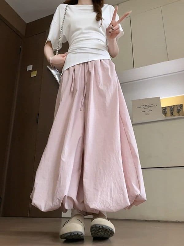 핑크색 꽃밭 바지 빅 사이즈 지방 mm 슬림해 보이는 반신 치마바지 넓은 다리 캐주얼 배기 바지 이미지 3
