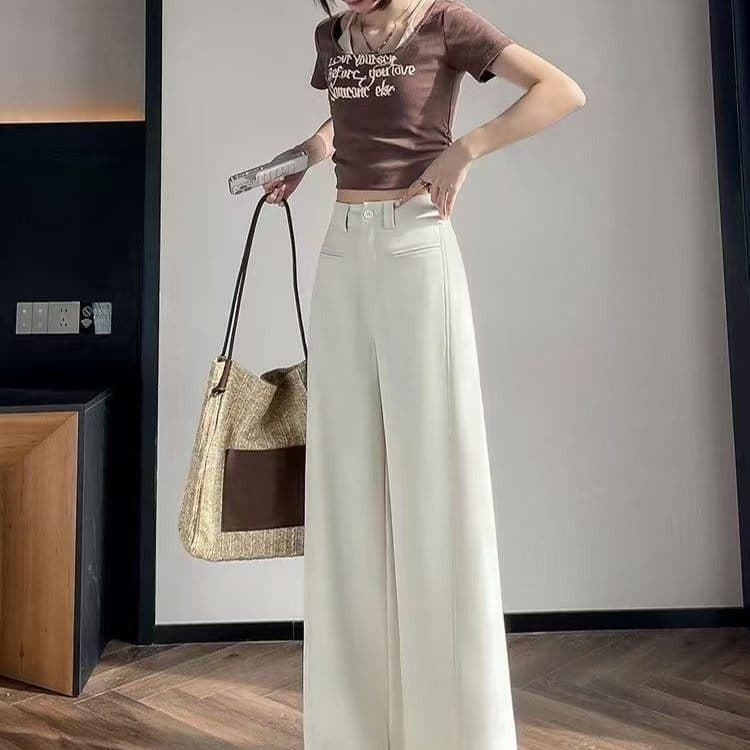 빅 사이즈 패션 정장 바지 여성 통통한 여동생 하이웨이스트 슬림해 보이는 루즈핏 캐주얼 스트레이트 와이드 레그 팬츠 kx 이미지 3