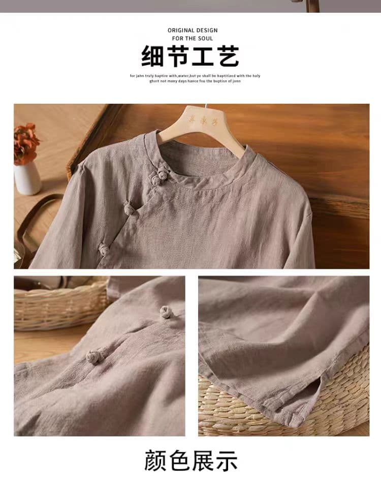 비 실사 새로운 개선 비스듬한 襟 단추 한푸 셔츠 품격 캐주얼 다용도 반팔 티셔츠 면 린넨 맨위 상세 이미지 5