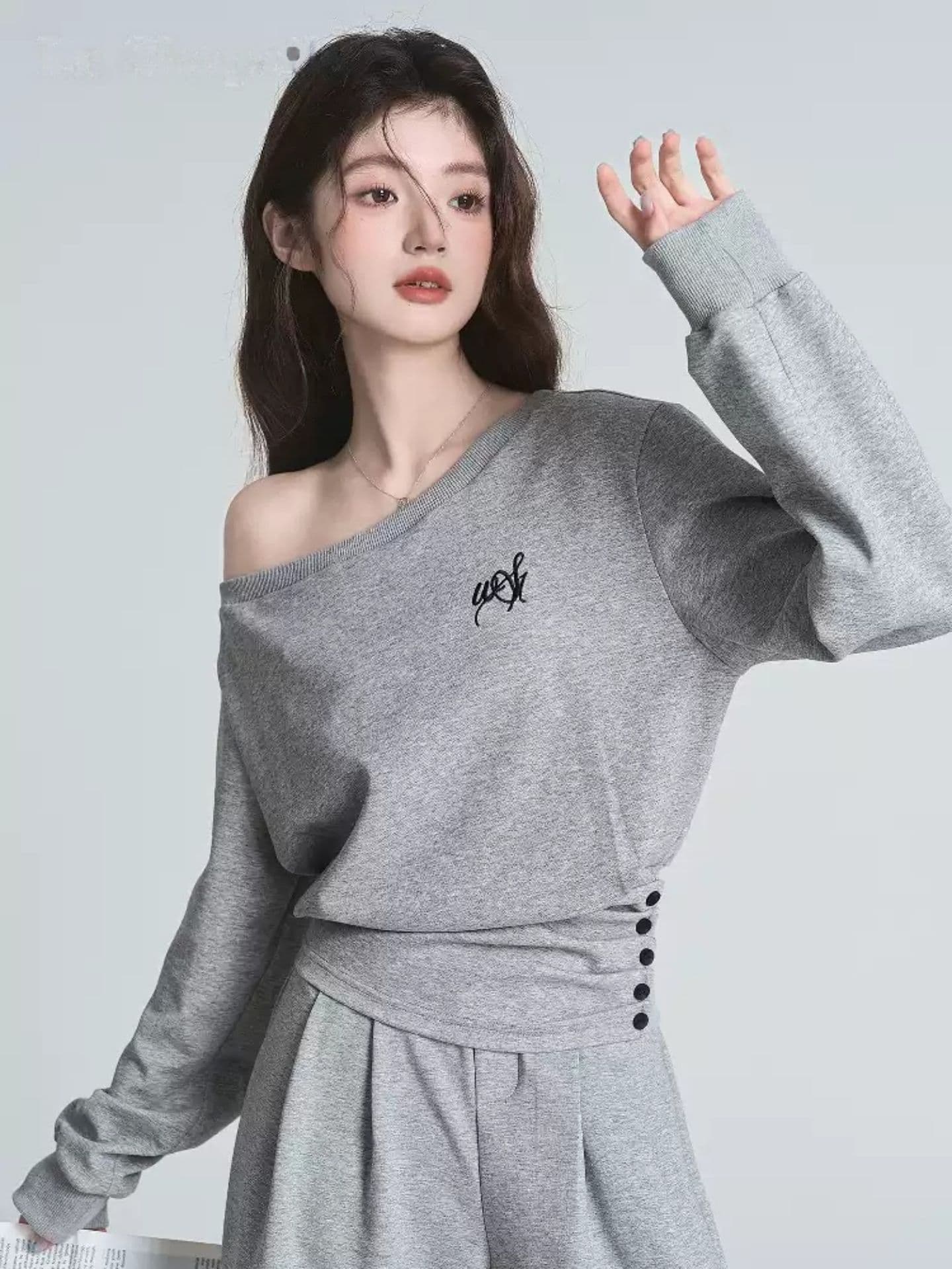 한 부서 이른 가을 착용 가져 가라. 패션 외국 가스 고급 센스 비스듬한 어깨 후드티 와이드 레그 팬츠 캐주얼 화물 투피스 세트 이미지 4