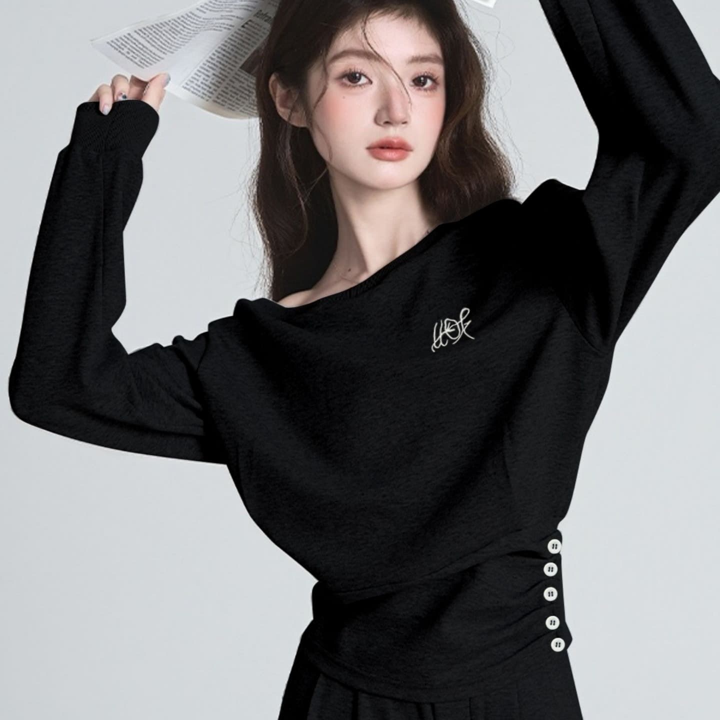 한 부서 이른 가을 착용 가져 가라. 패션 외국 가스 고급 센스 비스듬한 어깨 후드티 와이드 레그 팬츠 캐주얼 화물 투피스 세트 이미지 5