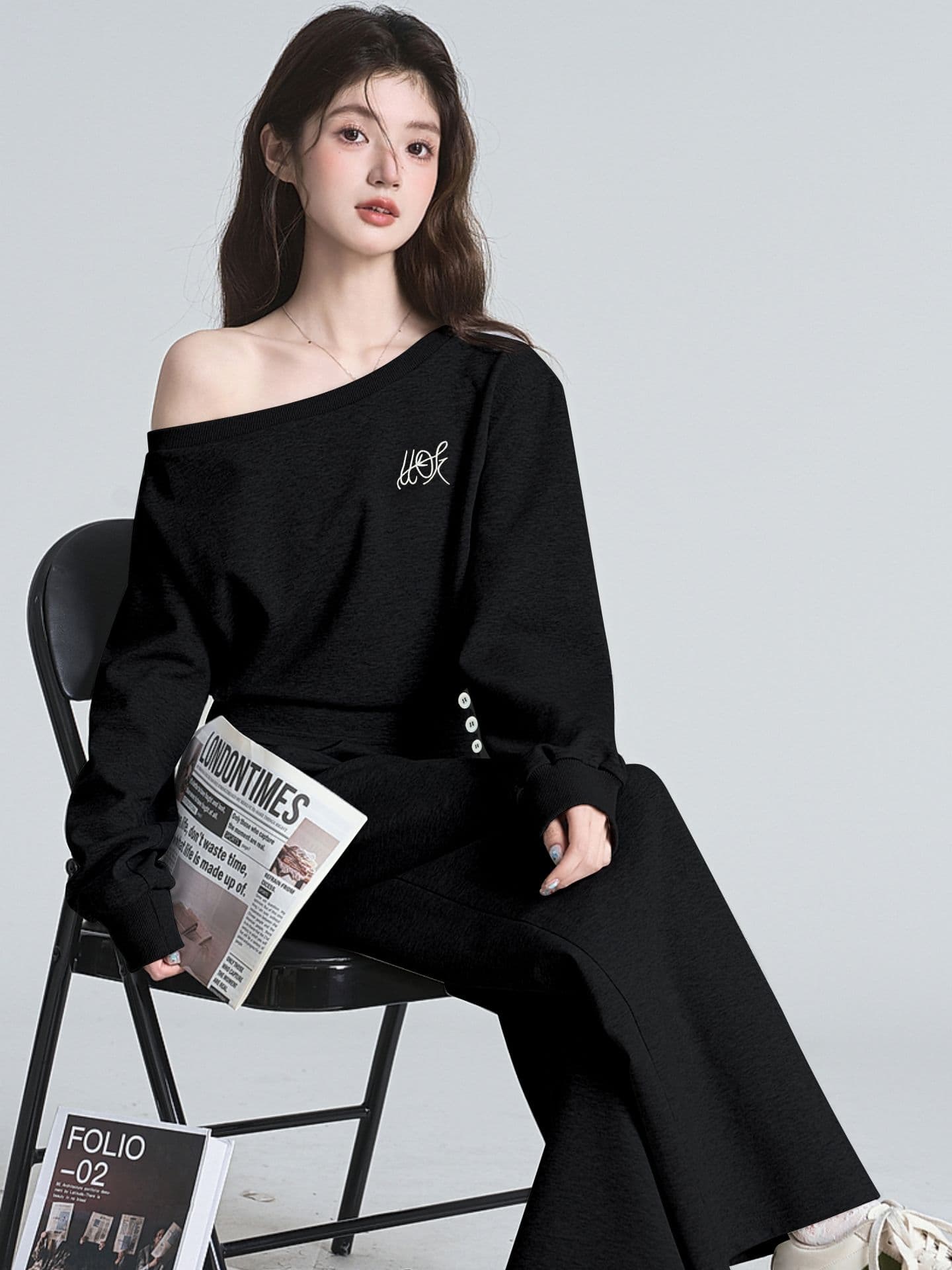 한 부서 이른 가을 착용 가져 가라. 패션 외국 가스 고급 센스 비스듬한 어깨 후드티 와이드 레그 팬츠 캐주얼 화물 투피스 세트 상세 이미지 5