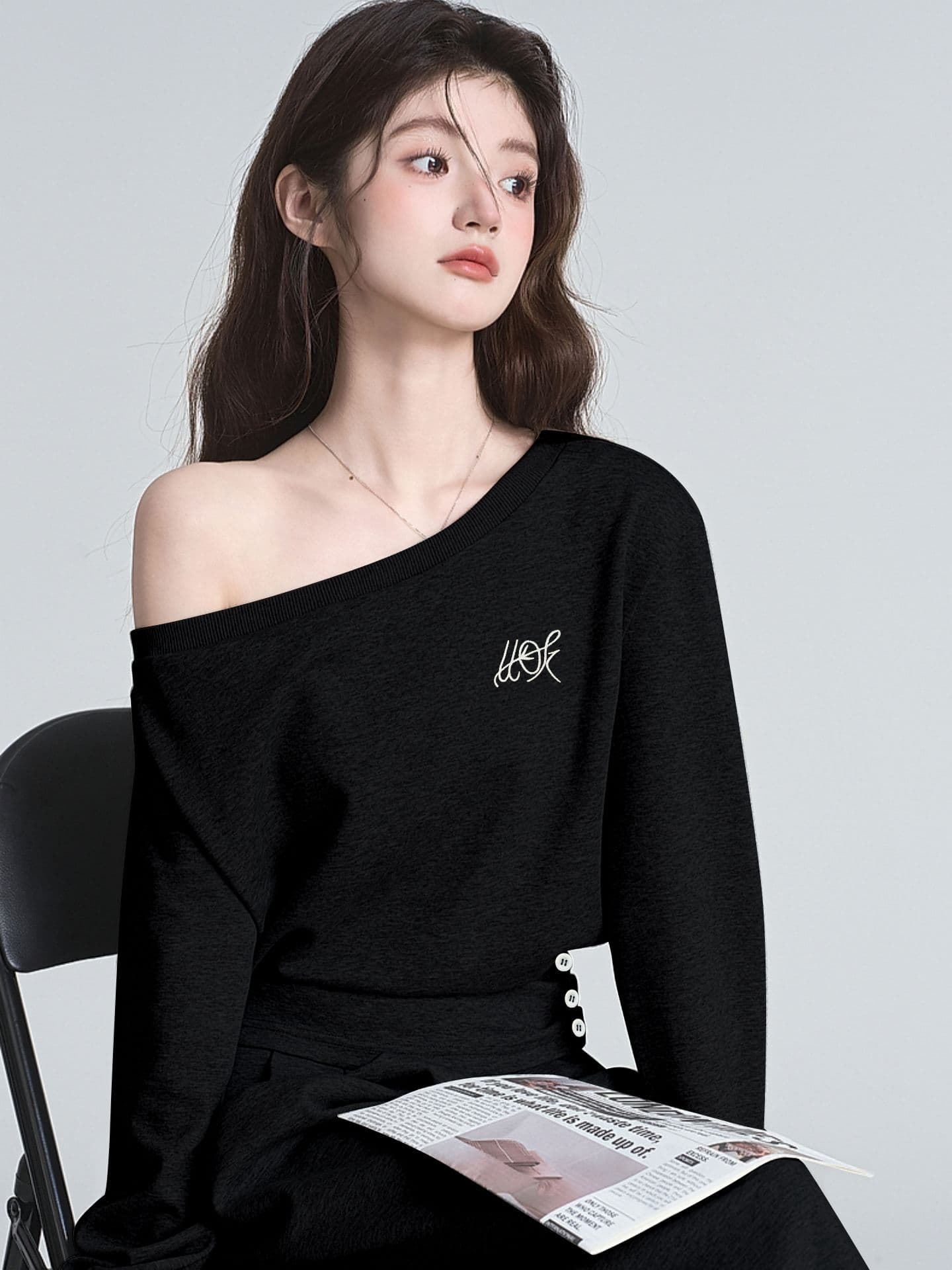 한 부서 이른 가을 착용 가져 가라. 패션 외국 가스 고급 센스 비스듬한 어깨 후드티 와이드 레그 팬츠 캐주얼 화물 투피스 세트 상세 이미지 6