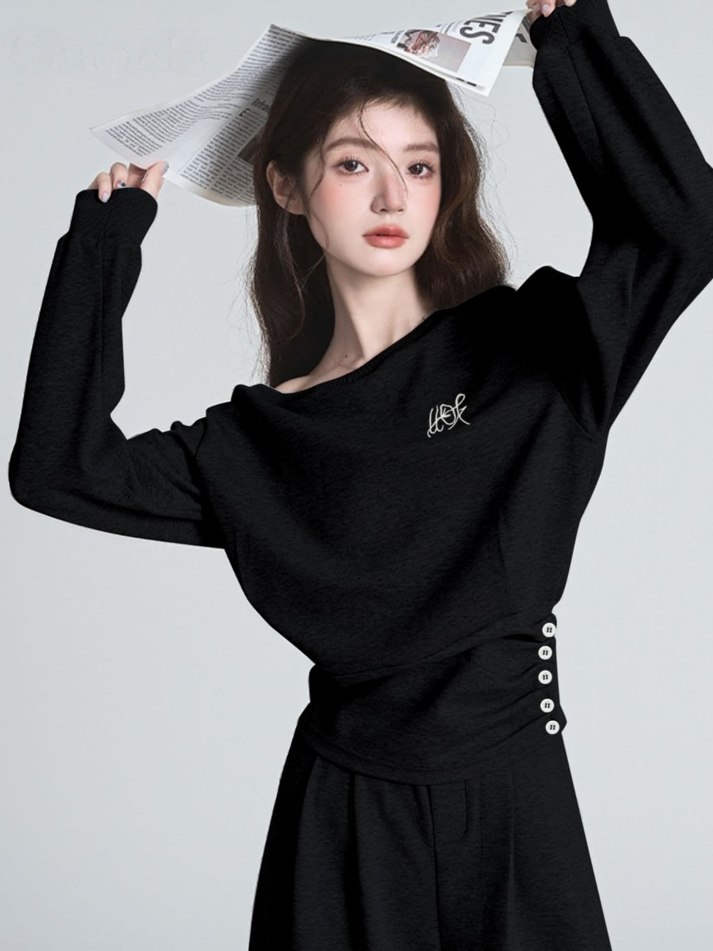 한 부서 이른 가을 착용 가져 가라. 패션 외국 가스 고급 센스 비스듬한 어깨 후드티 와이드 레그 팬츠 캐주얼 화물 투피스 세트 상세 이미지 7