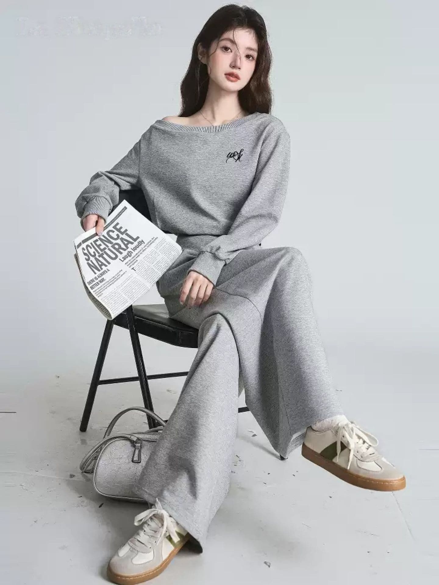 한 부서 이른 가을 착용 가져 가라. 패션 외국 가스 고급 센스 비스듬한 어깨 후드티 와이드 레그 팬츠 캐주얼 화물 투피스 세트 상세 이미지 12