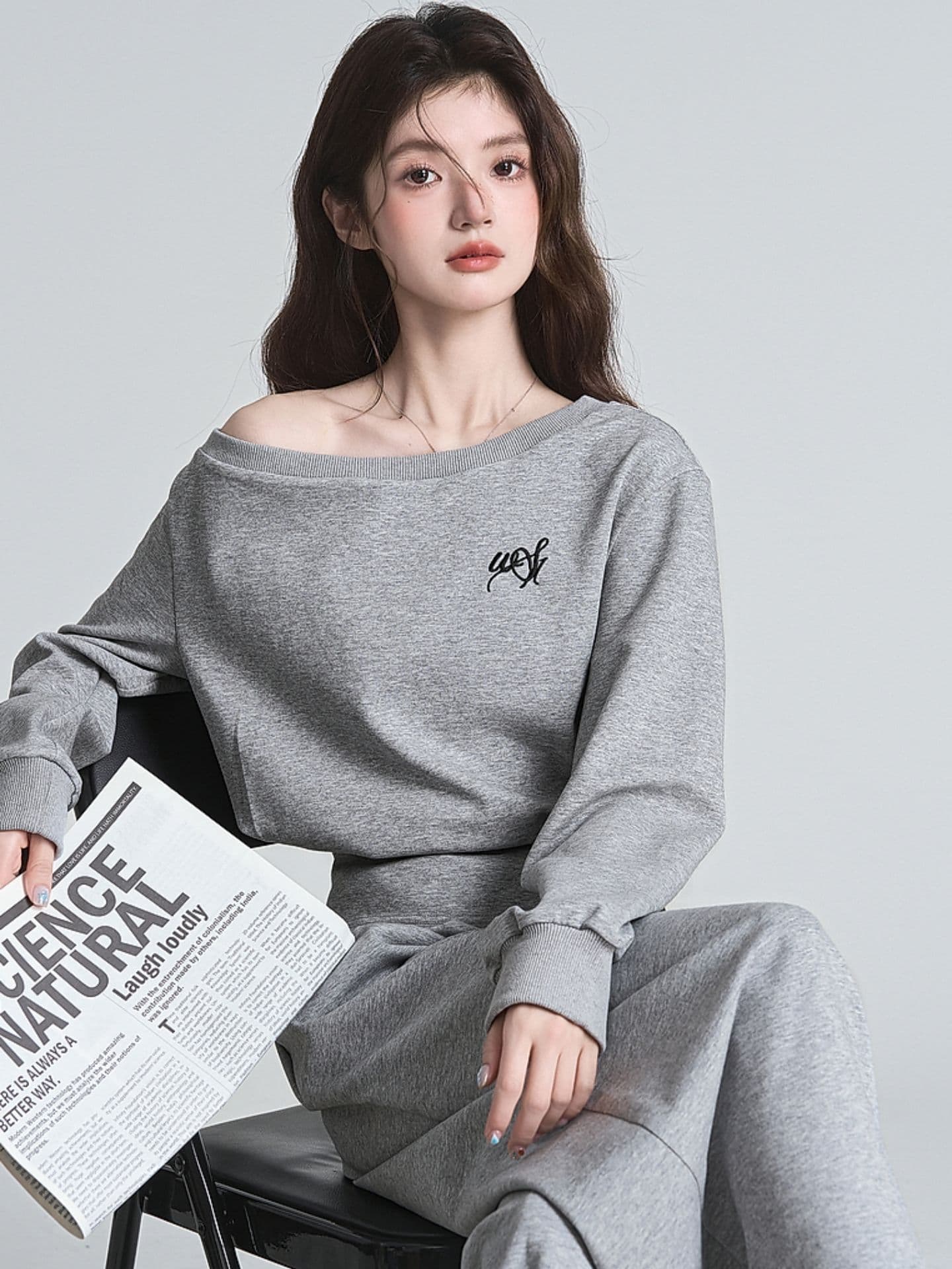 한 부서 이른 가을 착용 가져 가라. 패션 외국 가스 고급 센스 비스듬한 어깨 후드티 와이드 레그 팬츠 캐주얼 화물 투피스 세트 상세 이미지 17