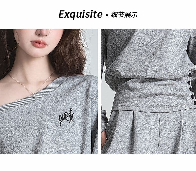 한 부서 이른 가을 착용 가져 가라. 패션 외국 가스 고급 센스 비스듬한 어깨 후드티 와이드 레그 팬츠 캐주얼 화물 투피스 세트 상세 이미지 18