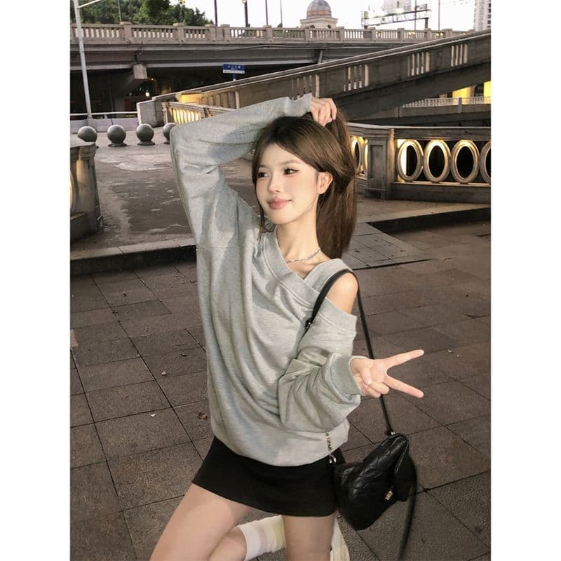 2026 한 궈화 면 복합 느긋한 바람 오프숄더 긴팔 슬림해 보이는 Chic 비스듬한 어깨 의류 이미지 3