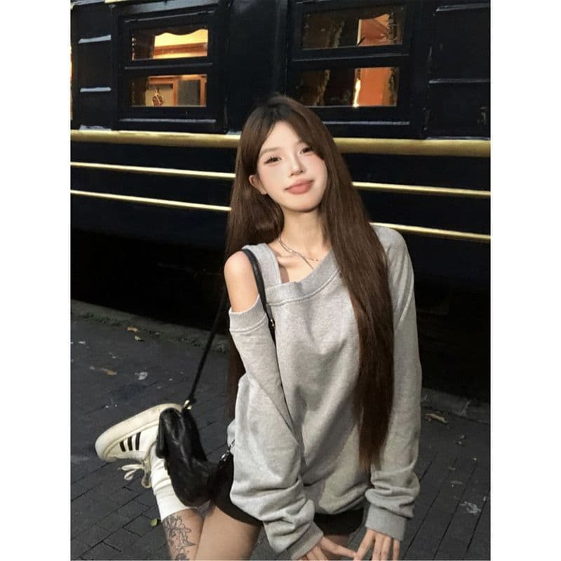 2026 한 궈화 면 복합 느긋한 바람 오프숄더 긴팔 슬림해 보이는 Chic 비스듬한 어깨 의류 이미지 2