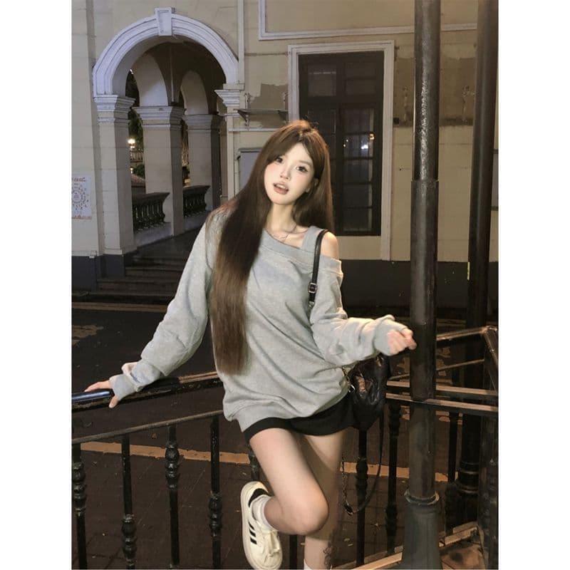 2026 한 궈화 면 복합 느긋한 바람 오프숄더 긴팔 슬림해 보이는 Chic 비스듬한 어깨 의류