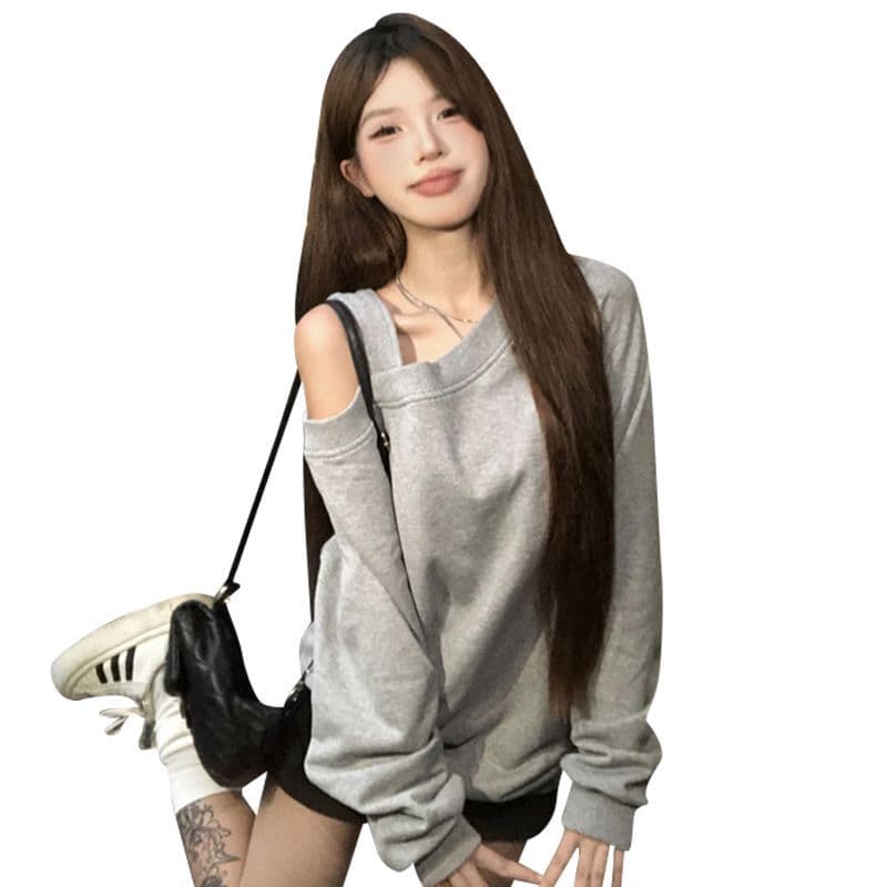 2026 한 궈화 면 복합 느긋한 바람 오프숄더 긴팔 슬림해 보이는 Chic 비스듬한 어깨 의류 이미지 5
