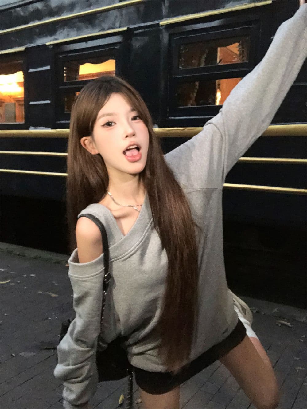 2026 한국 대외 무역 후아 면 복합 느긋한 바람 오프숄더 긴팔 슬림해 보이는 Chic 비스듬한 어깨 의류 상세 이미지 3