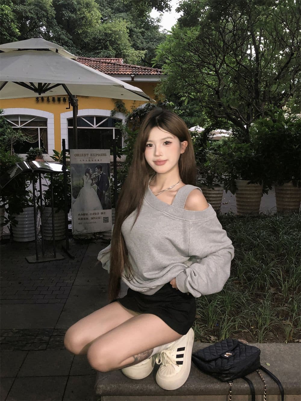 2026 한국 대외 무역 후아 면 복합 느긋한 바람 오프숄더 긴팔 슬림해 보이는 Chic 비스듬한 어깨 의류 상세 이미지 11