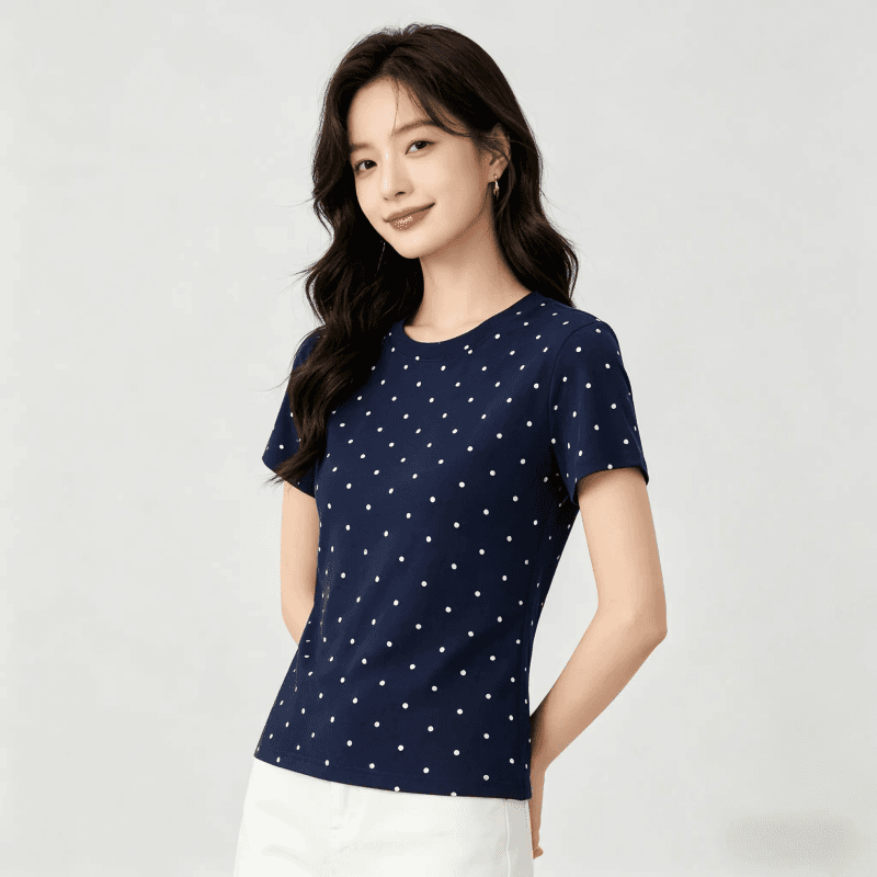 아메리칸 레트로 스타일 도트 무늬 반팔 티셔츠 여성 여름 드레스 몸매 가꾸기 라운드 넥 맨위 트렌드 긍정적 인 어깨 숙녀 상세 이미지 3