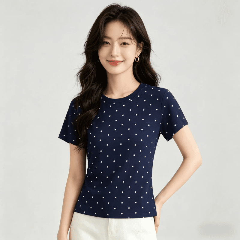 아메리칸 레트로 스타일 도트 무늬 반팔 티셔츠 여성 여름 드레스 몸매 가꾸기 라운드 넥 맨위 트렌드 긍정적 인 어깨 숙녀