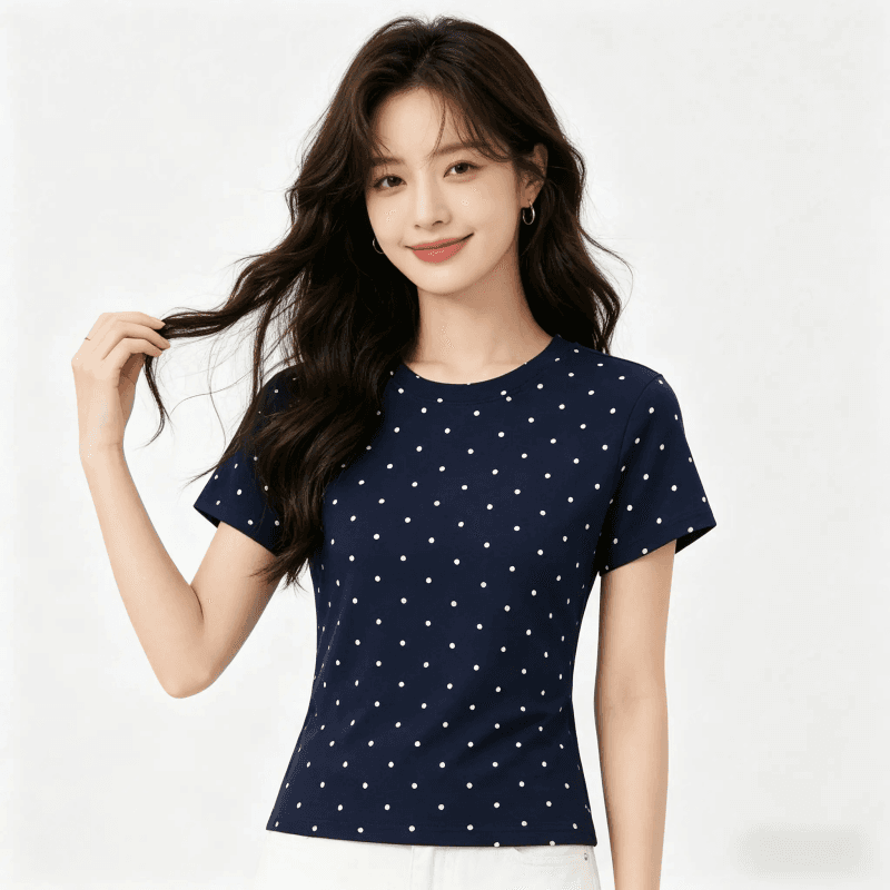 아메리칸 레트로 스타일 도트 무늬 반팔 티셔츠 여성 여름 드레스 몸매 가꾸기 라운드 넥 맨위 트렌드 긍정적 인 어깨 숙녀 이미지 3