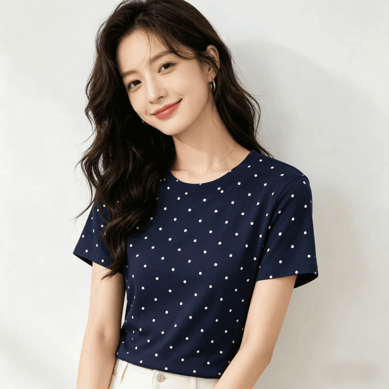 아메리칸 레트로 스타일 도트 무늬 반팔 티셔츠 여성 여름 드레스 몸매 가꾸기 라운드 넥 맨위 트렌드 긍정적 인 어깨 숙녀 이미지 4