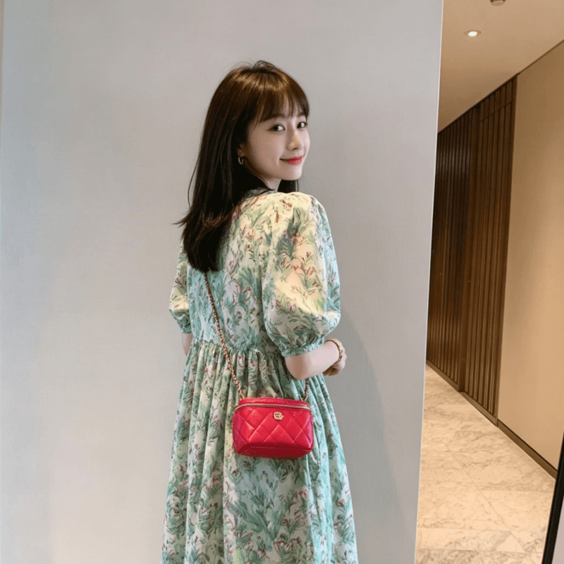 미 고대 프랑스식 레트로 녹색 쿠이 후아 스트레이트 드레스 고급 센스 차 휴식 롱 스커트 휴가 해변가 치마
