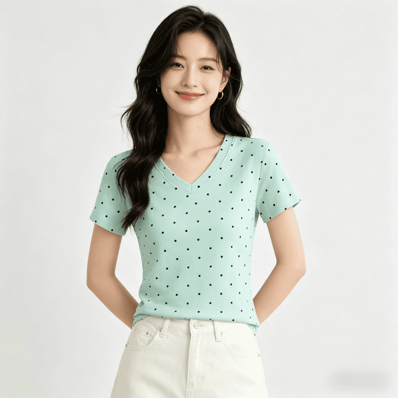 아메리칸 레트로 스타일 도트 무늬 반팔 티셔츠 여성 여름 드레스 몸매 가꾸기 V넥 맨위 트렌드 긍정적 인 어깨 숙녀 이미지 5