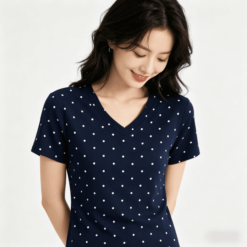아메리칸 레트로 스타일 도트 무늬 반팔 티셔츠 여성 여름 드레스 몸매 가꾸기 V넥 맨위 트렌드 긍정적 인 어깨 숙녀 상세 이미지 6
