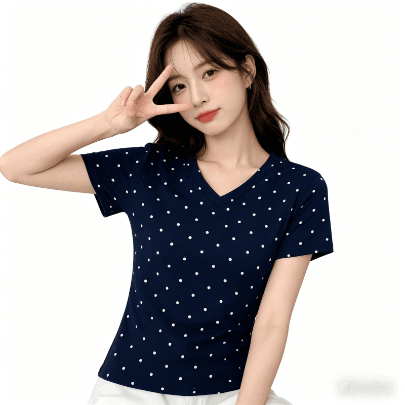 아메리칸 레트로 스타일 도트 무늬 반팔 티셔츠 여성 여름 드레스 몸매 가꾸기 V넥 맨위 트렌드 긍정적 인 어깨 숙녀 상세 이미지 7