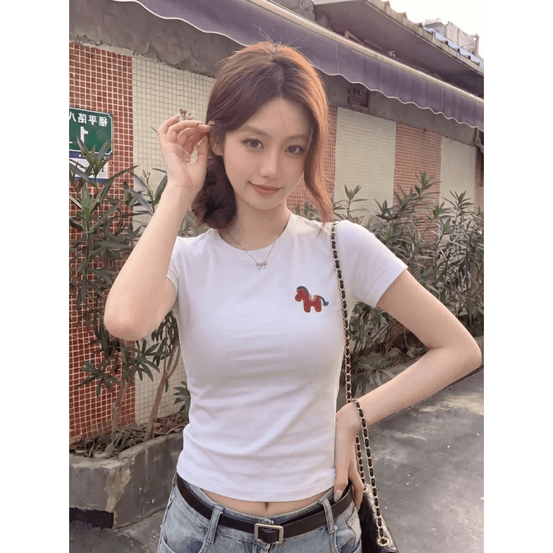 신축성 몸매 가꾸기 쇼트 스타일 반팔 티셔츠 여름 라운드 넥 긍정적 인 어깨 작은 맨위 아메리칸 레트로 핫걸 프린트 달콤한 다용도