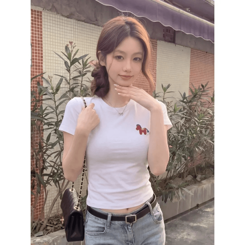 신축성 몸매 가꾸기 쇼트 스타일 반팔 티셔츠 여름 라운드 넥 긍정적 인 어깨 작은 맨위 아메리칸 레트로 핫걸 프린트 달콤한 다용도 상세 이미지 5