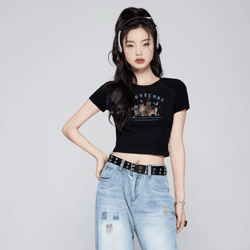 핫걸 달콤함 아메리칸 레트로 프린트 고양이 쇼트 스타일 티셔츠 여성 여름 반팔 맨위 이슬 뼈의 작은 키 맨위 이미지 4