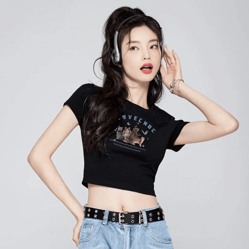 핫걸 달콤함 아메리칸 레트로 프린트 고양이 쇼트 스타일 티셔츠 여성 여름 반팔 맨위 이슬 뼈의 작은 키 맨위 상세 이미지 5