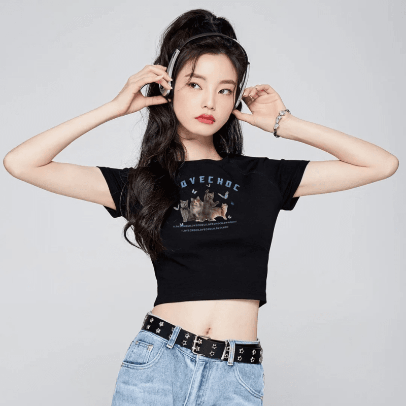 핫걸 달콤함 아메리칸 레트로 프린트 고양이 쇼트 스타일 티셔츠 여성 여름 반팔 맨위 이슬 뼈의 작은 키 맨위 상세 이미지 6