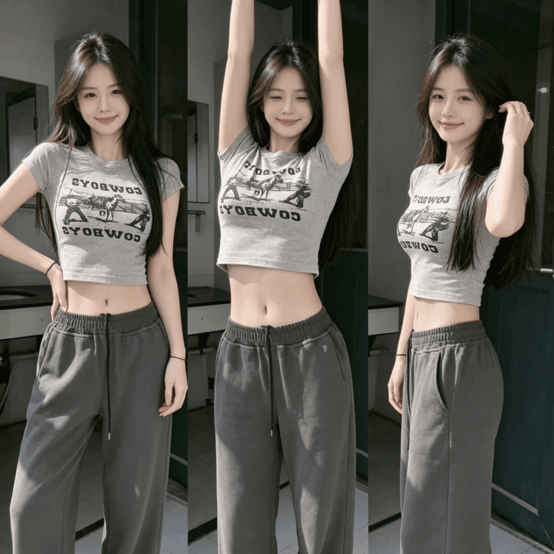 아메리칸 레트로 핫걸 아메리칸 프린트 쇼트 스타일 티셔츠 여성 여름 반팔 작은 키 맨위 이슬 뼈의 이미지 5