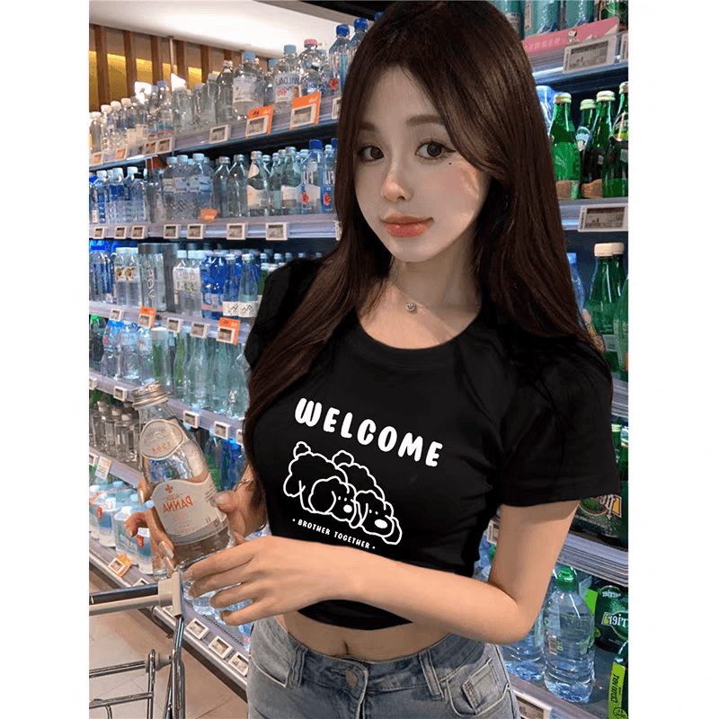 아메리칸 레트로 핫걸 아메리칸 프린트 쇼트 스타일 티셔츠 여성 여름 반팔 작은 키 맨위 이슬 뼈의 상세 이미지 8